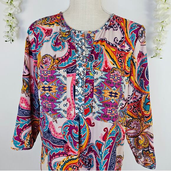 Fig & Flower Anthropologie Boho Paisley Tunic Dress Medium Colorful Spring Artsy - Picture 3 of 16